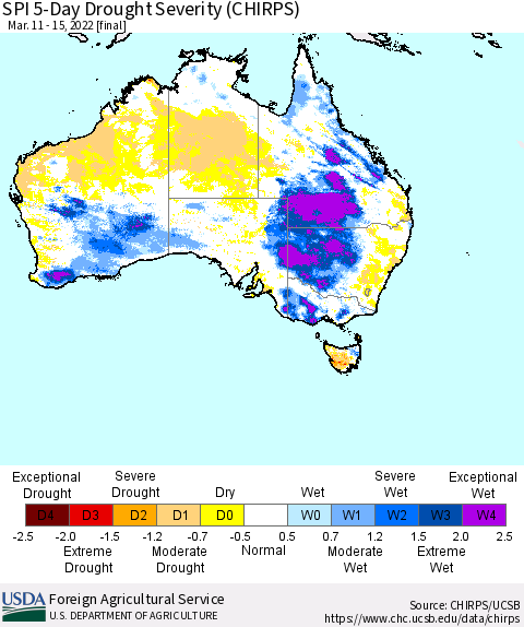 Australia SPI 5-Day Drought Severity (CHIRPS) Thematic Map For 3/11/2022 - 3/15/2022