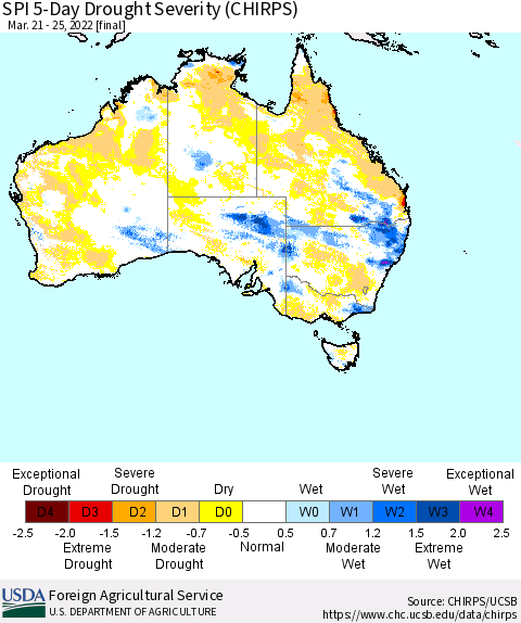 Australia SPI 5-Day Drought Severity (CHIRPS) Thematic Map For 3/21/2022 - 3/25/2022