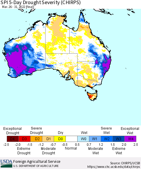 Australia SPI 5-Day Drought Severity (CHIRPS) Thematic Map For 3/26/2022 - 3/31/2022