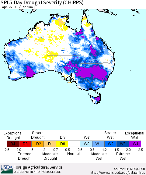 Australia SPI 5-Day Drought Severity (CHIRPS) Thematic Map For 4/26/2022 - 4/30/2022