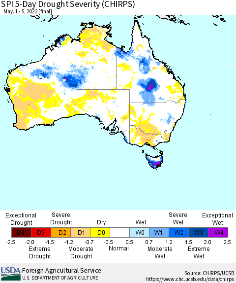 Australia SPI 5-Day Drought Severity (CHIRPS) Thematic Map For 5/1/2022 - 5/5/2022