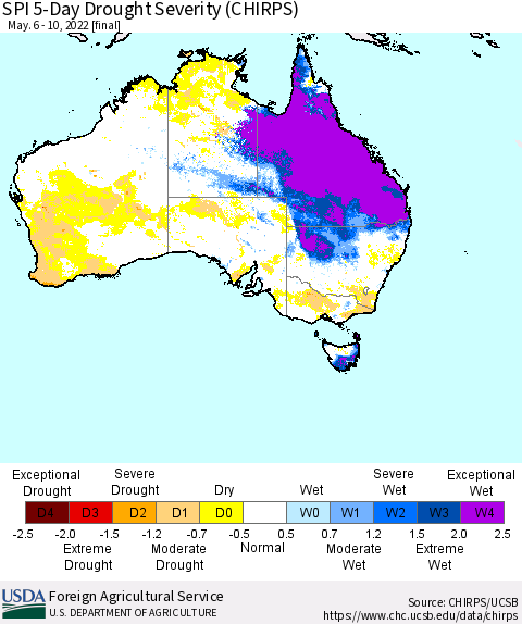 Australia SPI 5-Day Drought Severity (CHIRPS) Thematic Map For 5/6/2022 - 5/10/2022