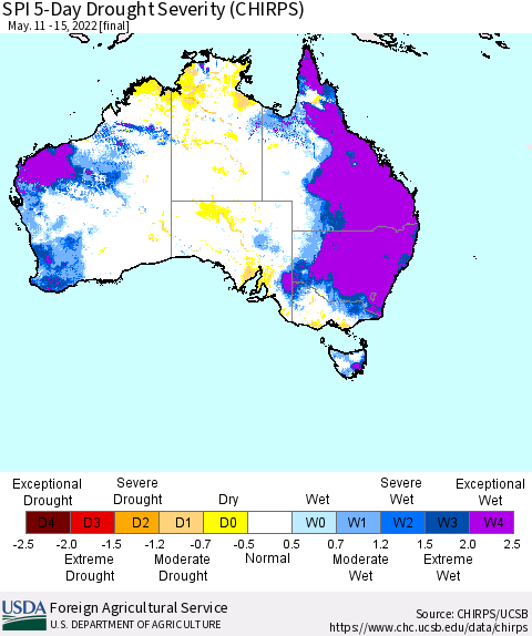 Australia SPI 5-Day Drought Severity (CHIRPS) Thematic Map For 5/11/2022 - 5/15/2022