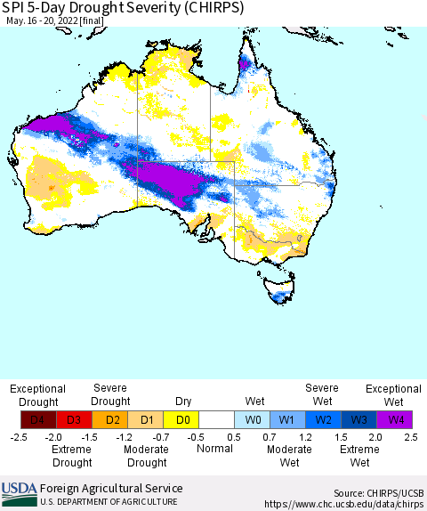 Australia SPI 5-Day Drought Severity (CHIRPS) Thematic Map For 5/16/2022 - 5/20/2022