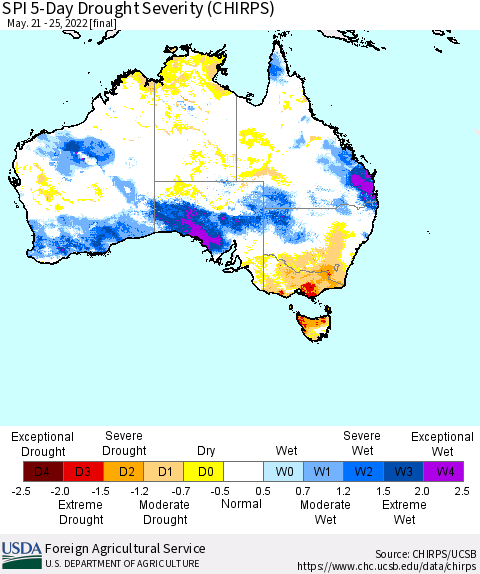 Australia SPI 5-Day Drought Severity (CHIRPS) Thematic Map For 5/21/2022 - 5/25/2022