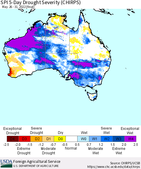 Australia SPI 5-Day Drought Severity (CHIRPS) Thematic Map For 5/26/2022 - 5/31/2022