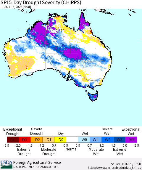 Australia SPI 5-Day Drought Severity (CHIRPS) Thematic Map For 6/1/2022 - 6/5/2022