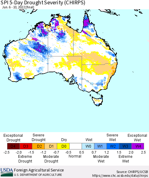 Australia SPI 5-Day Drought Severity (CHIRPS) Thematic Map For 6/6/2022 - 6/10/2022