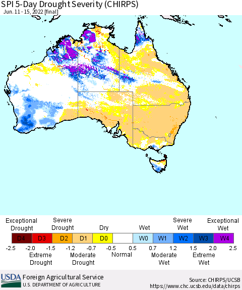 Australia SPI 5-Day Drought Severity (CHIRPS) Thematic Map For 6/11/2022 - 6/15/2022