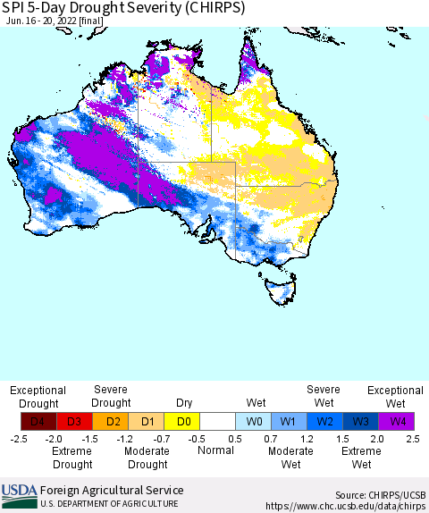 Australia SPI 5-Day Drought Severity (CHIRPS) Thematic Map For 6/16/2022 - 6/20/2022