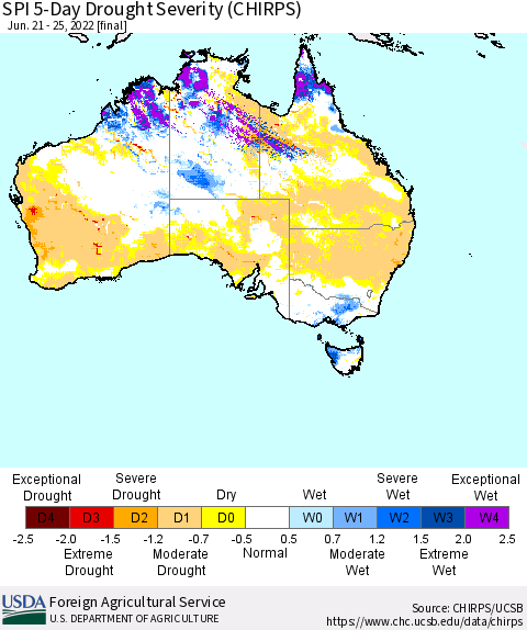 Australia SPI 5-Day Drought Severity (CHIRPS) Thematic Map For 6/21/2022 - 6/25/2022