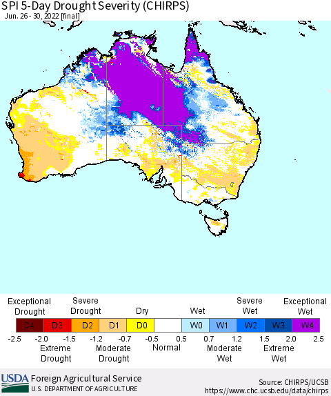 Australia SPI 5-Day Drought Severity (CHIRPS) Thematic Map For 6/26/2022 - 6/30/2022