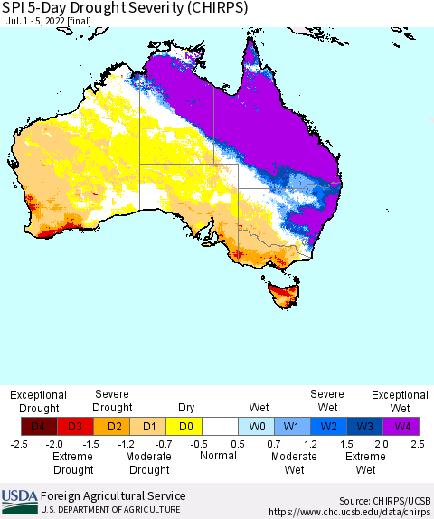 Australia SPI 5-Day Drought Severity (CHIRPS) Thematic Map For 7/1/2022 - 7/5/2022