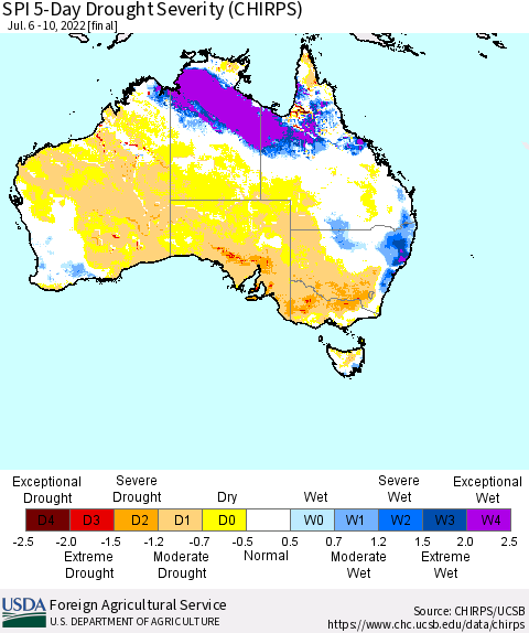 Australia SPI 5-Day Drought Severity (CHIRPS) Thematic Map For 7/6/2022 - 7/10/2022
