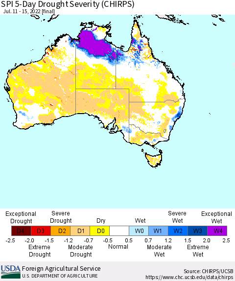 Australia SPI 5-Day Drought Severity (CHIRPS) Thematic Map For 7/11/2022 - 7/15/2022