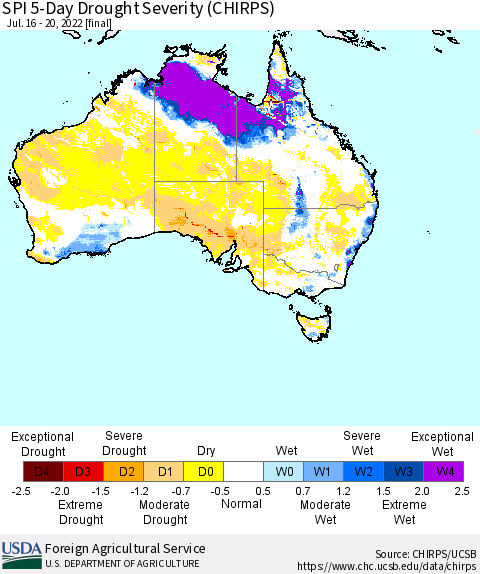 Australia SPI 5-Day Drought Severity (CHIRPS) Thematic Map For 7/16/2022 - 7/20/2022