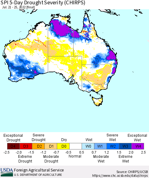Australia SPI 5-Day Drought Severity (CHIRPS) Thematic Map For 7/21/2022 - 7/25/2022