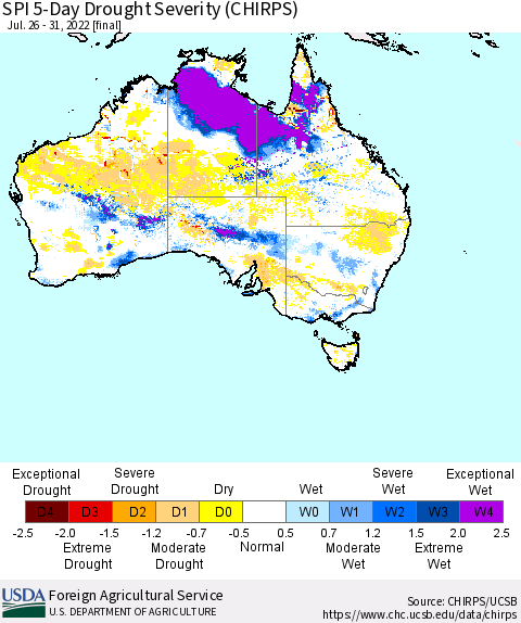 Australia SPI 5-Day Drought Severity (CHIRPS) Thematic Map For 7/26/2022 - 7/31/2022