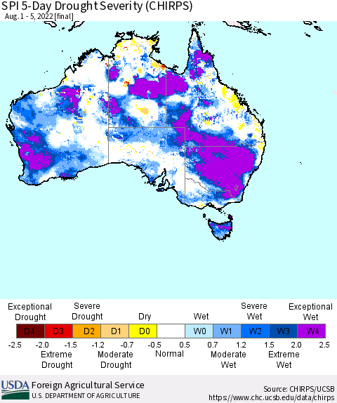 Australia SPI 5-Day Drought Severity (CHIRPS) Thematic Map For 8/1/2022 - 8/5/2022