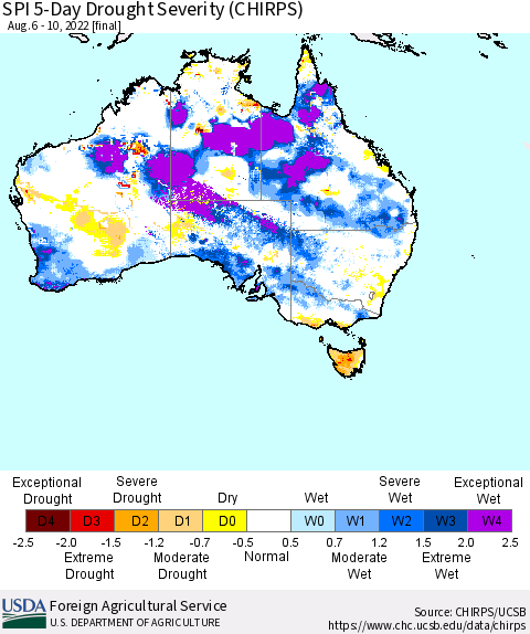 Australia SPI 5-Day Drought Severity (CHIRPS) Thematic Map For 8/6/2022 - 8/10/2022