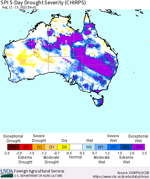 Australia SPI 5-Day Drought Severity (CHIRPS) Thematic Map For 8/11/2022 - 8/15/2022
