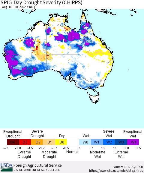 Australia SPI 5-Day Drought Severity (CHIRPS) Thematic Map For 8/16/2022 - 8/20/2022