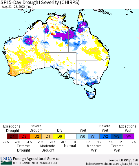 Australia SPI 5-Day Drought Severity (CHIRPS) Thematic Map For 8/21/2022 - 8/25/2022