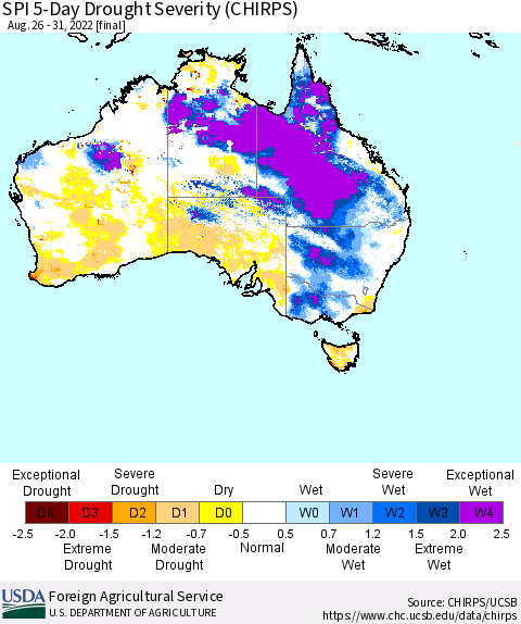 Australia SPI 5-Day Drought Severity (CHIRPS) Thematic Map For 8/26/2022 - 8/31/2022