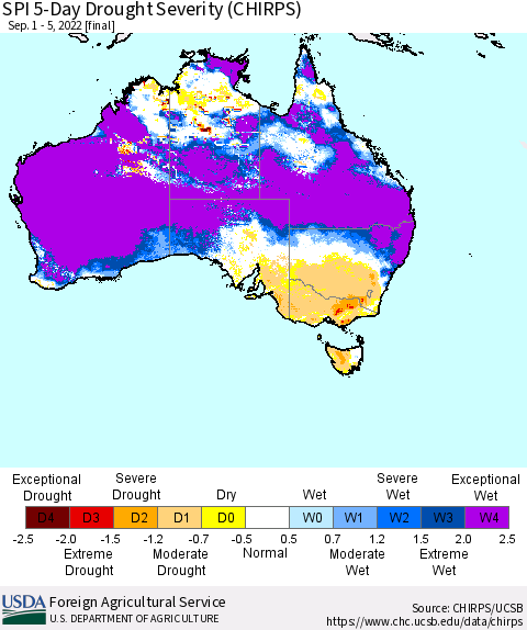 Australia SPI 5-Day Drought Severity (CHIRPS) Thematic Map For 9/1/2022 - 9/5/2022