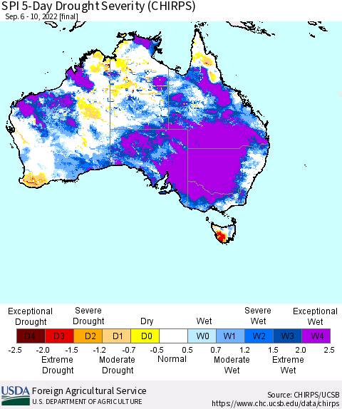 Australia SPI 5-Day Drought Severity (CHIRPS) Thematic Map For 9/6/2022 - 9/10/2022