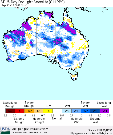 Australia SPI 5-Day Drought Severity (CHIRPS) Thematic Map For 9/11/2022 - 9/15/2022