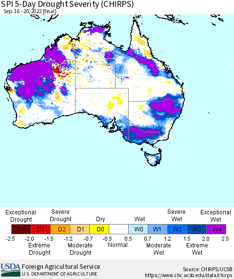 Australia SPI 5-Day Drought Severity (CHIRPS) Thematic Map For 9/16/2022 - 9/20/2022