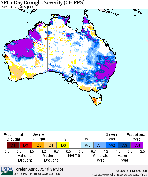 Australia SPI 5-Day Drought Severity (CHIRPS) Thematic Map For 9/21/2022 - 9/25/2022
