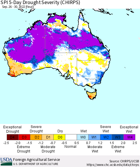 Australia SPI 5-Day Drought Severity (CHIRPS) Thematic Map For 9/26/2022 - 9/30/2022