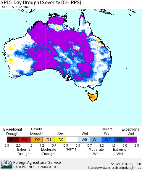 Australia SPI 5-Day Drought Severity (CHIRPS) Thematic Map For 10/1/2022 - 10/5/2022