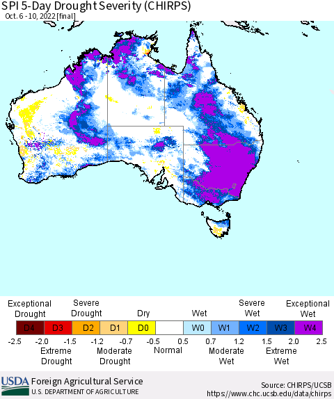 Australia SPI 5-Day Drought Severity (CHIRPS) Thematic Map For 10/6/2022 - 10/10/2022