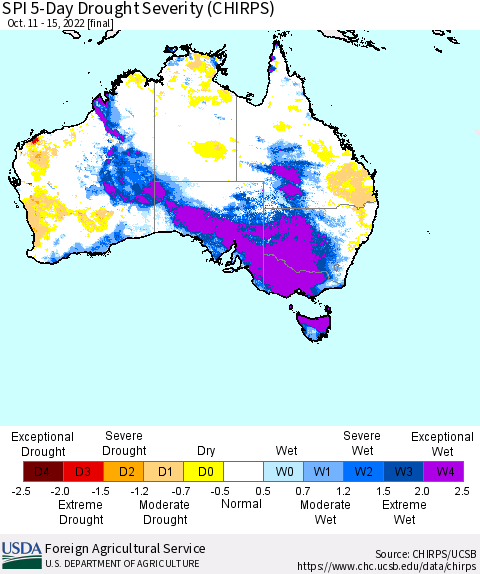 Australia SPI 5-Day Drought Severity (CHIRPS) Thematic Map For 10/11/2022 - 10/15/2022