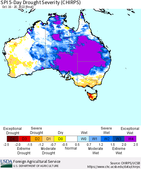 Australia SPI 5-Day Drought Severity (CHIRPS) Thematic Map For 10/16/2022 - 10/20/2022