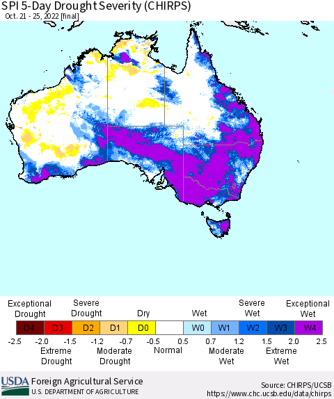 Australia SPI 5-Day Drought Severity (CHIRPS) Thematic Map For 10/21/2022 - 10/25/2022