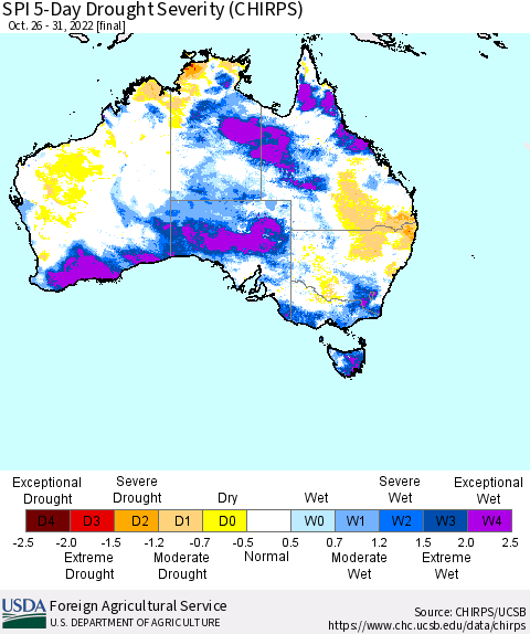 Australia SPI 5-Day Drought Severity (CHIRPS) Thematic Map For 10/26/2022 - 10/31/2022