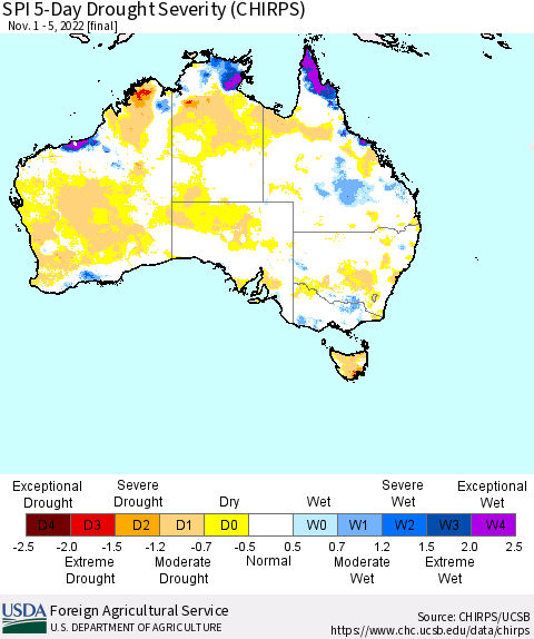 Australia SPI 5-Day Drought Severity (CHIRPS) Thematic Map For 11/1/2022 - 11/5/2022