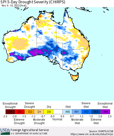 Australia SPI 5-Day Drought Severity (CHIRPS) Thematic Map For 11/6/2022 - 11/10/2022