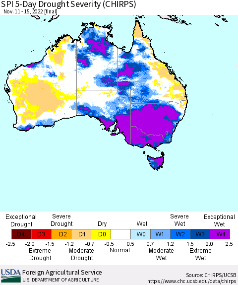 Australia SPI 5-Day Drought Severity (CHIRPS) Thematic Map For 11/11/2022 - 11/15/2022