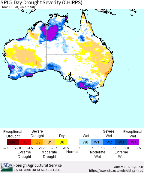 Australia SPI 5-Day Drought Severity (CHIRPS) Thematic Map For 11/16/2022 - 11/20/2022