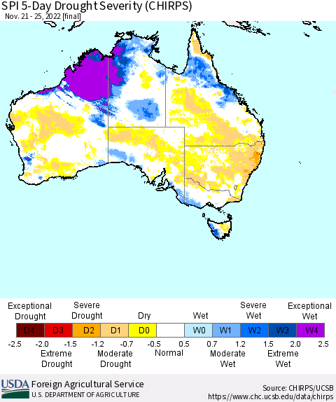 Australia SPI 5-Day Drought Severity (CHIRPS) Thematic Map For 11/21/2022 - 11/25/2022