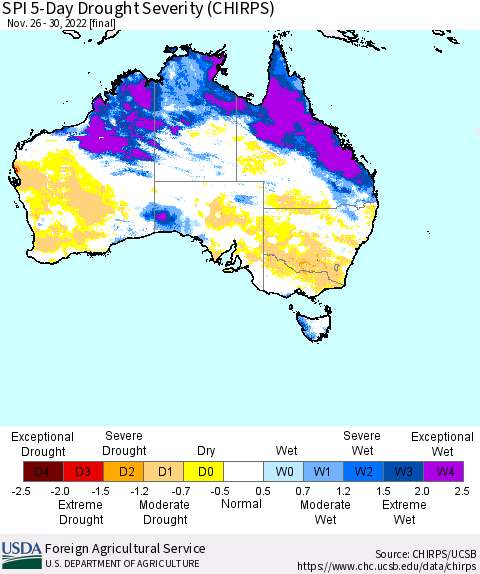 Australia SPI 5-Day Drought Severity (CHIRPS) Thematic Map For 11/26/2022 - 11/30/2022