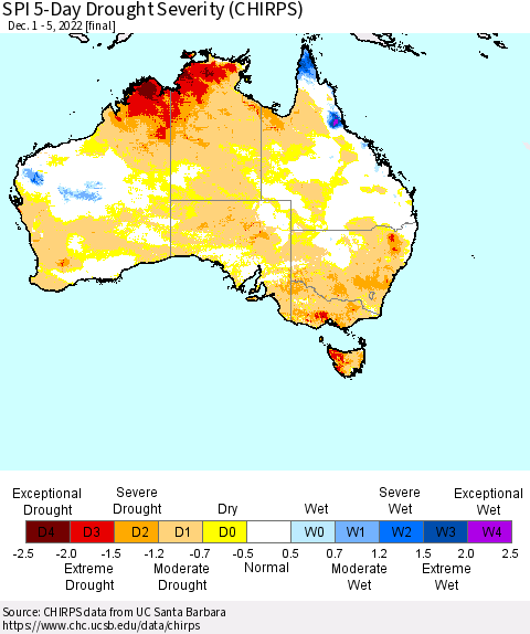 Australia SPI 5-Day Drought Severity (CHIRPS) Thematic Map For 12/1/2022 - 12/5/2022