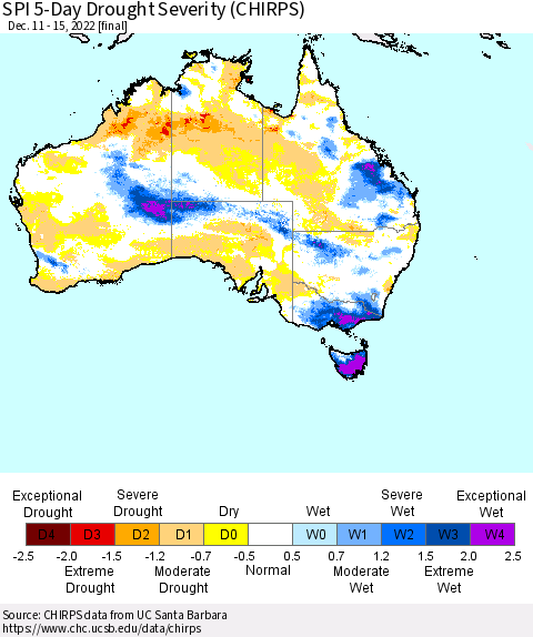 Australia SPI 5-Day Drought Severity (CHIRPS) Thematic Map For 12/11/2022 - 12/15/2022