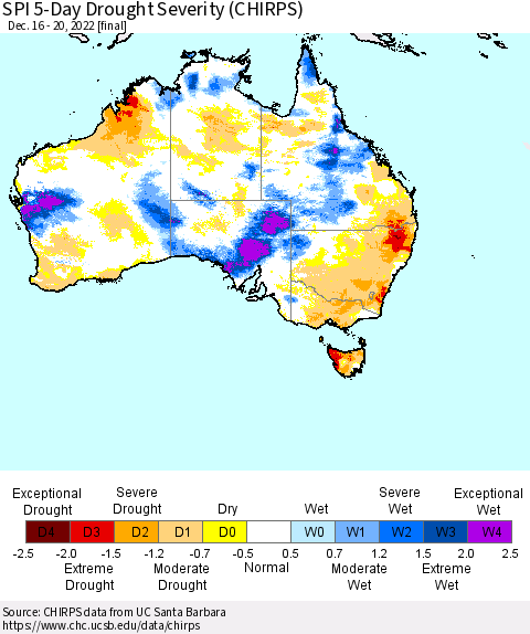 Australia SPI 5-Day Drought Severity (CHIRPS) Thematic Map For 12/16/2022 - 12/20/2022