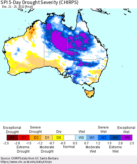 Australia SPI 5-Day Drought Severity (CHIRPS) Thematic Map For 12/21/2022 - 12/25/2022